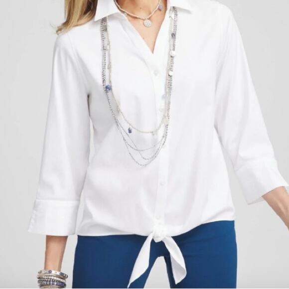 CHICO’S No Iron Tie Front Stretch Button Down White Cotton Shirt Size 0 Blouse - Picture 1 of 12